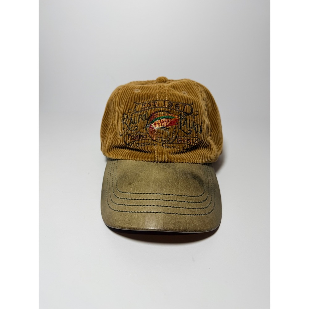 Vintage Polo Ralph Lauren Hat Men OS Brown Corduroy Leather Fly Fishing Lure Cap
